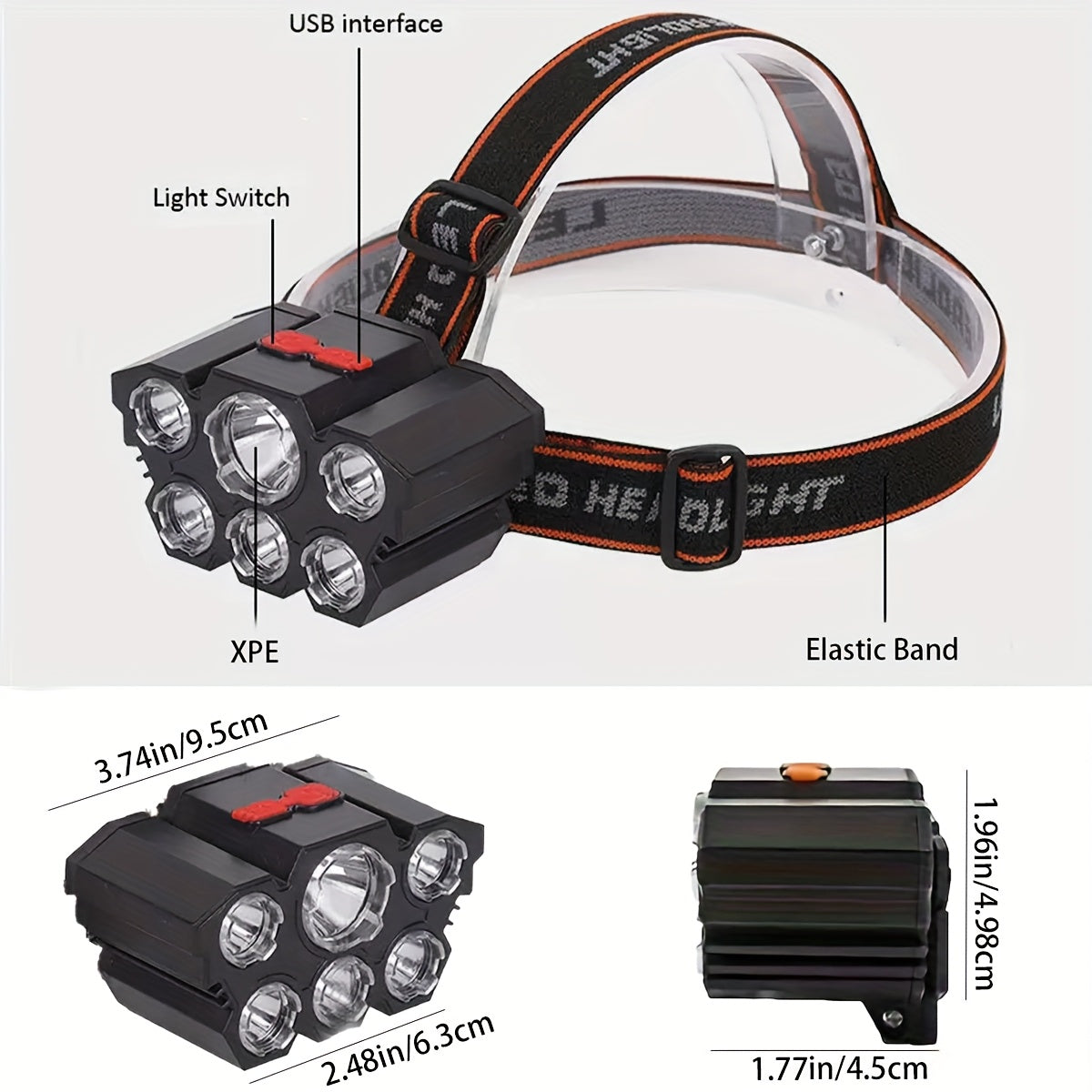 5LED USB Rechargeable Headlamp 2-Pack IP65 Waterproof 4-Mode Head Flashlight with 18650 Battery for Camping Hiking Fishing Hunting Running Outdoor Head Light