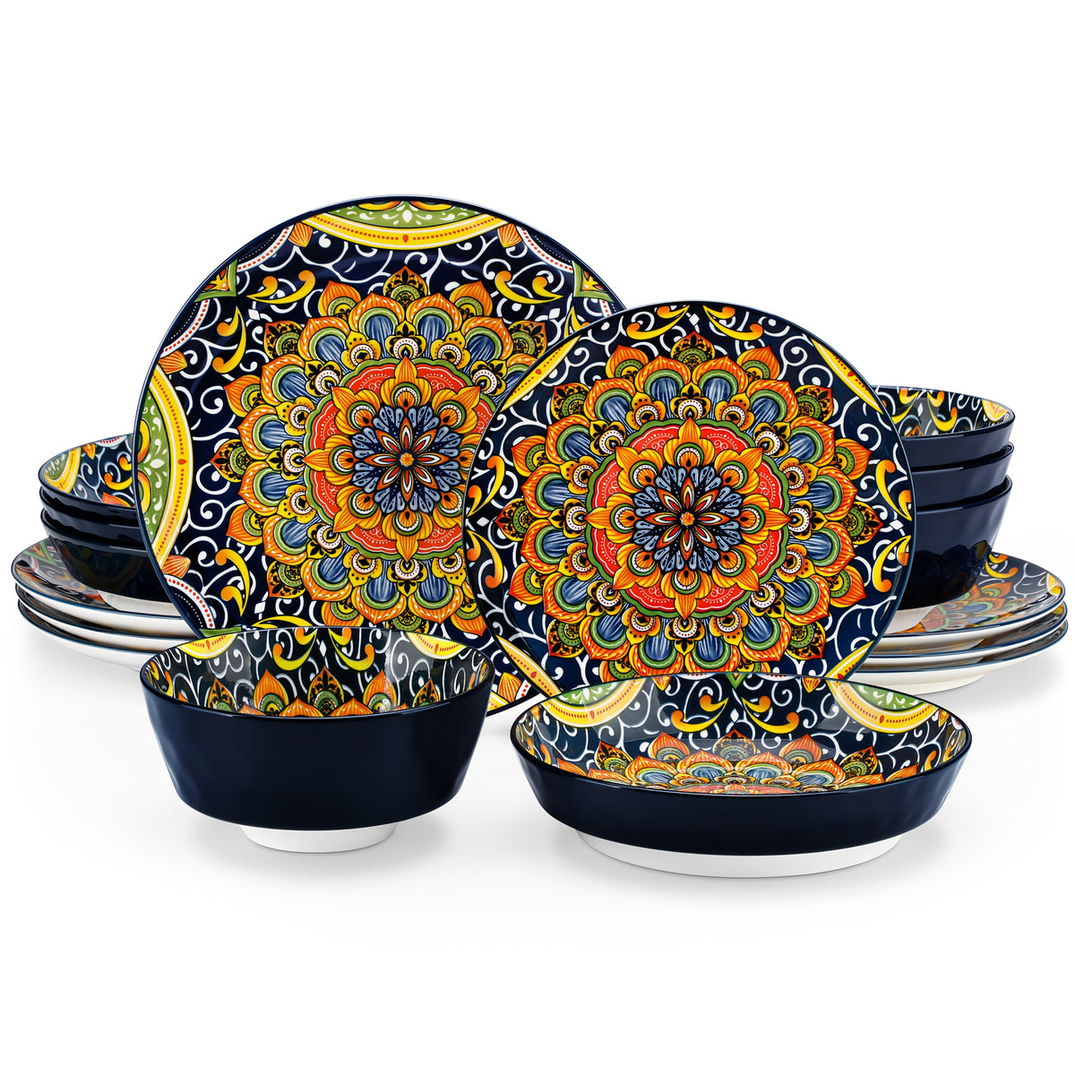 Bohemian Ceramic Dinnerware Set 16 or 24 Piece Stoneware Plates Bowls Tableware Colorful Floral Service for 4 or 6