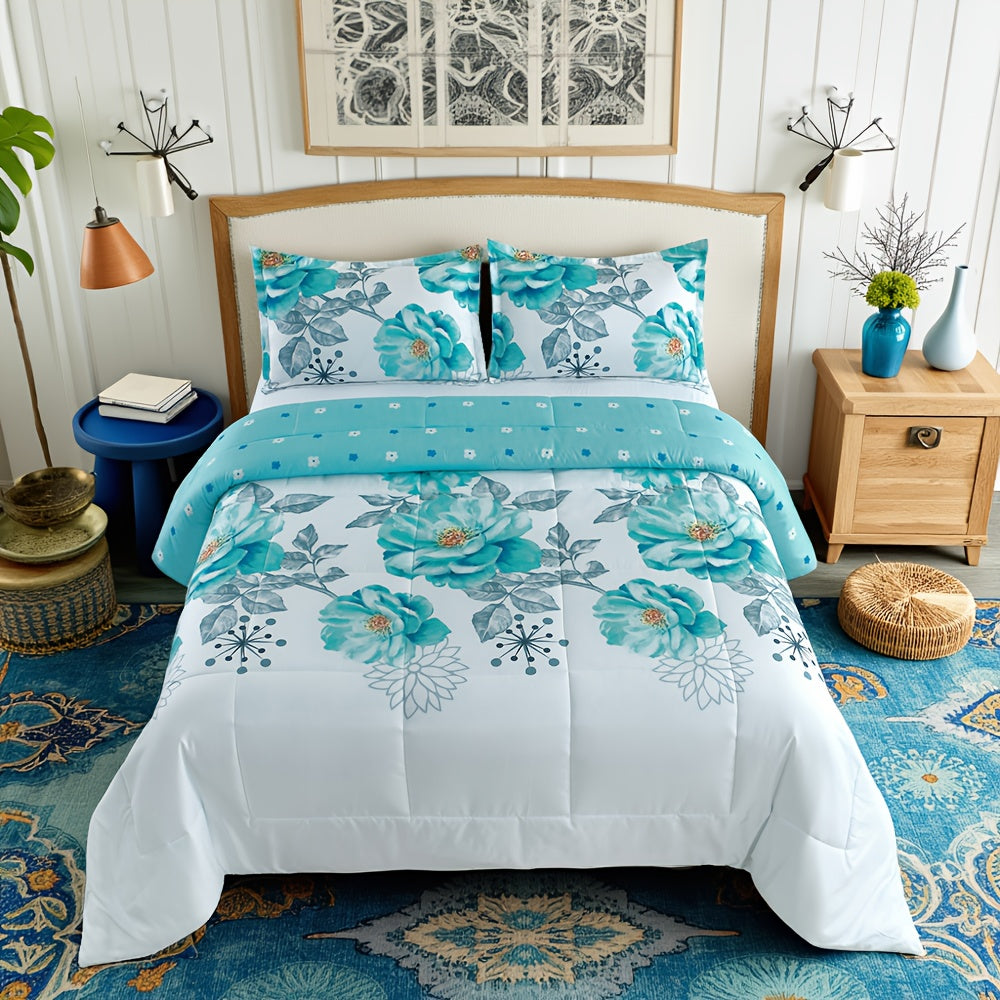 Reversible Floral Comforter Set 2/3 Piece – Dual-Sided Pattern & Color, Lightweight All-Season Quilt with Pillowcases, Soft Bedding Set Twin Queen King