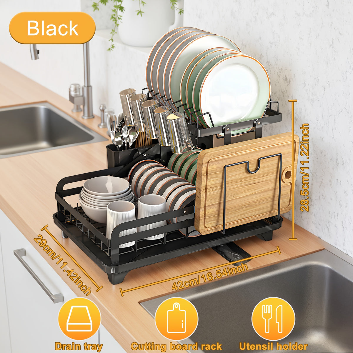 2-Tier Dish Drying Rack with Drainboard – Large Carbon Steel Dish Drainer with Glass & Utensil Holders, Drying Mat, Rust-Resistant, for Kitchen Countertop – Foldable & Double Layer Options
