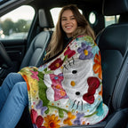 Soft Flannel Blanket – Iconic Face & Bow with Floral Daisy Rose Print | Lightweight All-Season Bedspread for Adults | 3 Sizes | Pink & Turquoise