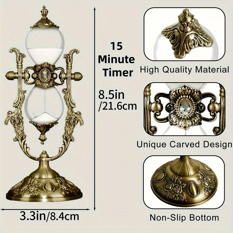 Vintage Brass Hourglass Sand Timer 15 Minute 360 Degree Rotating Engraved Metal Sand Clock for Home Office Desk Decoration Unique Gift