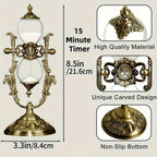 Vintage Brass Hourglass Sand Timer 15 Minute 360 Degree Rotating Engraved Metal Sand Clock for Home Office Desk Decoration Unique Gift