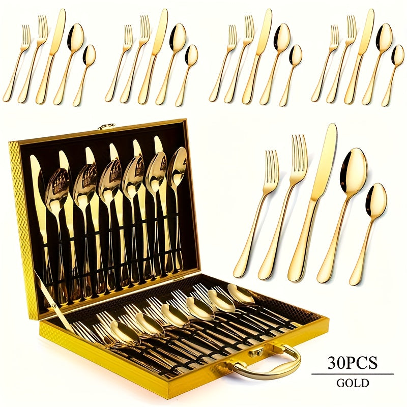 30-Piece Deluxe Golden Stainless Steel Flatware Set with Wooden Gift Box – Mirror Polished Knives, Forks & Spoons for 6 | Wedding, Business & Celebration Gift