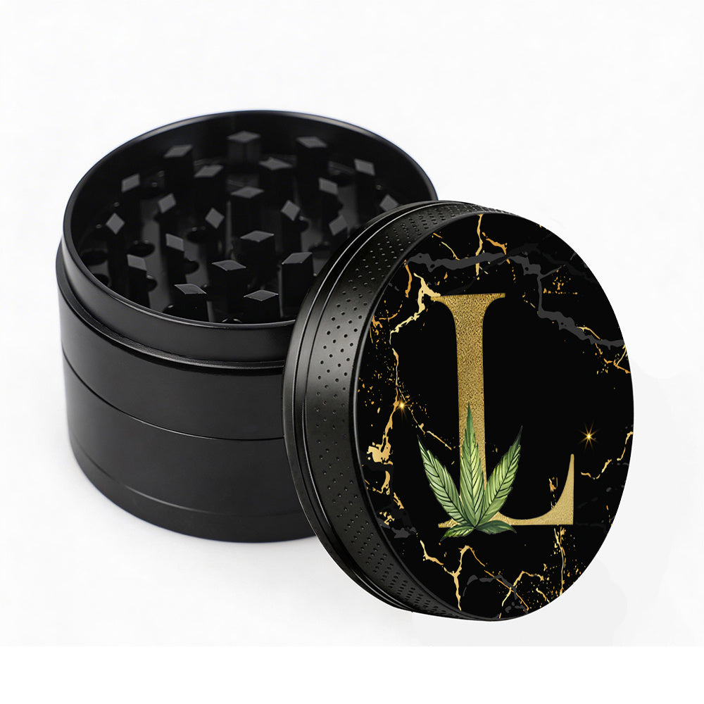 Manual Spice & Herb Grinder with Pollen Catcher - Personalized A-Z Initial Letter Metal Crusher, Portable 2 Inch Golden Marble Alphabet Design, Gift for Smokers & Herb Lovers (Black)