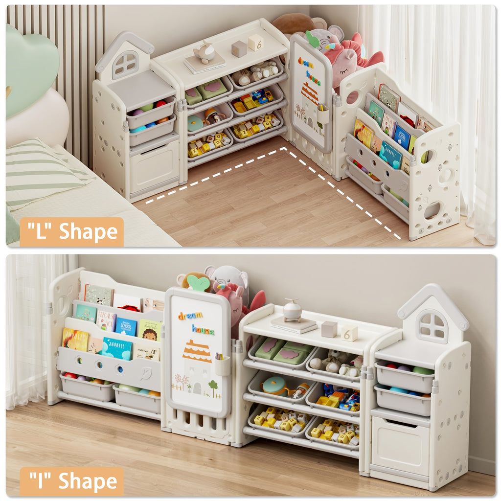 Kids Toy Storage Organizer Foldable with 10 Removable Bins, 3-Tier Bookshelf & Drawing Board – 3-in-1 / 4-in-1 Large Playroom Storage Unit for Bedroom Living Room, L-Shape or Straight, Beige Pink Blue