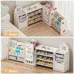 Kids Toy Storage Organizer Foldable with 10 Removable Bins, 3-Tier Bookshelf & Drawing Board – 3-in-1 / 4-in-1 Large Playroom Storage Unit for Bedroom Living Room, L-Shape or Straight, Beige Pink Blue