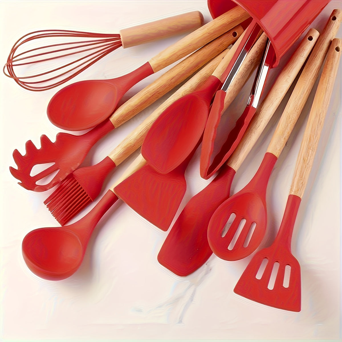 Silicone Kitchen Utensil Set 12 Piece with Wooden Handles - Non-Stick Heat Resistant Cooking Tools for Home, Dorm & Baking, Colorful Kitchen Gadgets Gift Set