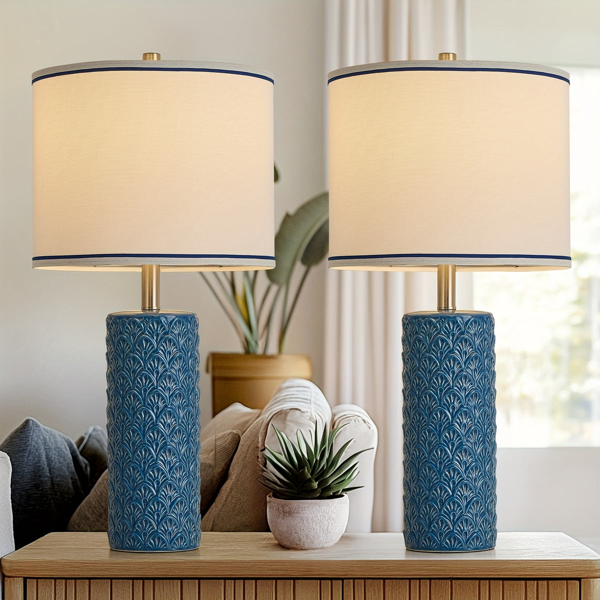 27" Modern Ceramic Table Lamp Set of 2 – Farmhouse Bedside Lamps with 3 Color Temperatures for Bedroom, Living Room & Office (LED Bulb Included)