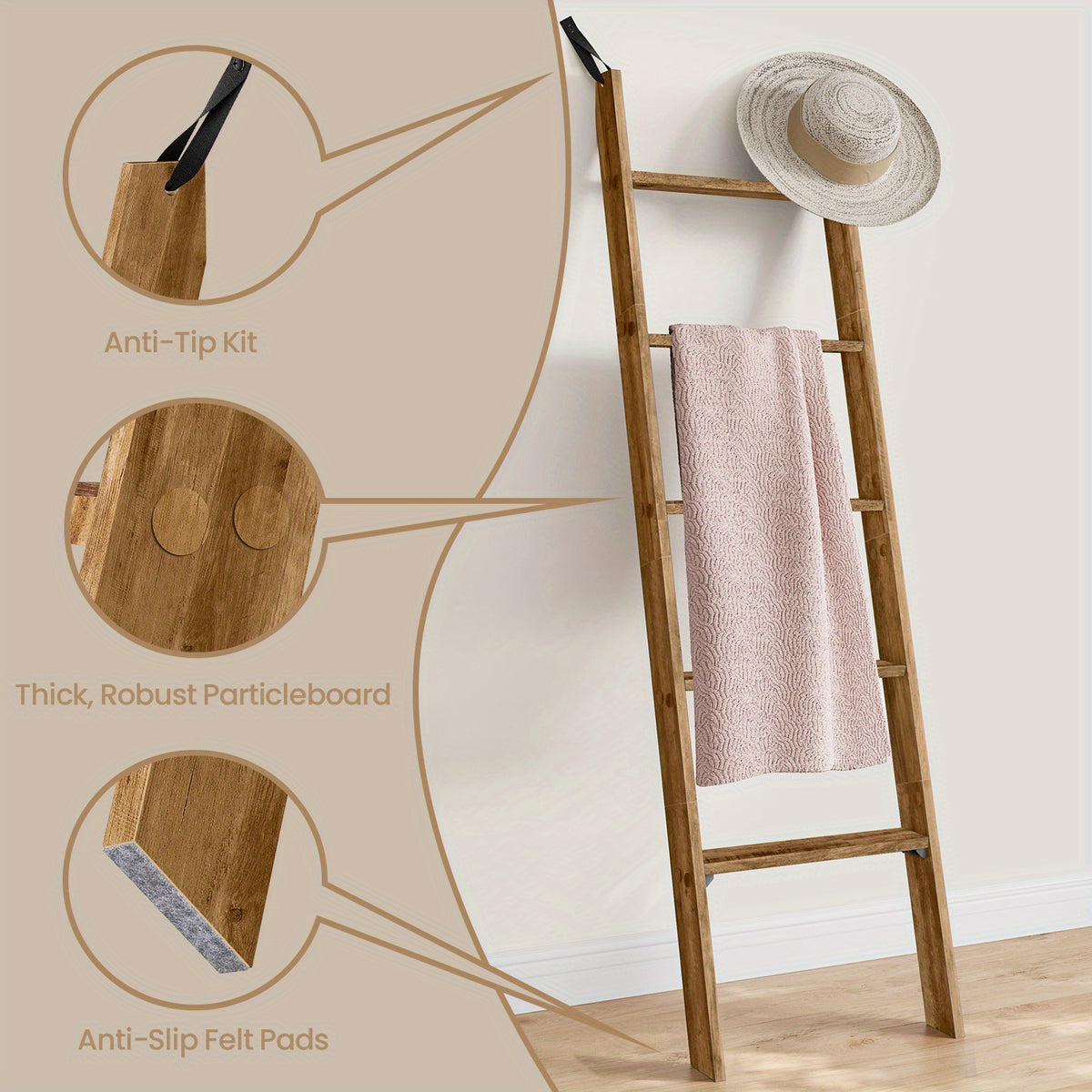 Blanket Ladder 5 Tier Farmhouse Decorative, Wood Ladder Rack for Blankets Towels & Quilts, 2-in-1 Ladder Shelf for Living Room Bedroom Bathroom Storage & Decor, Maroon Brown, Holds 17.6 lbs