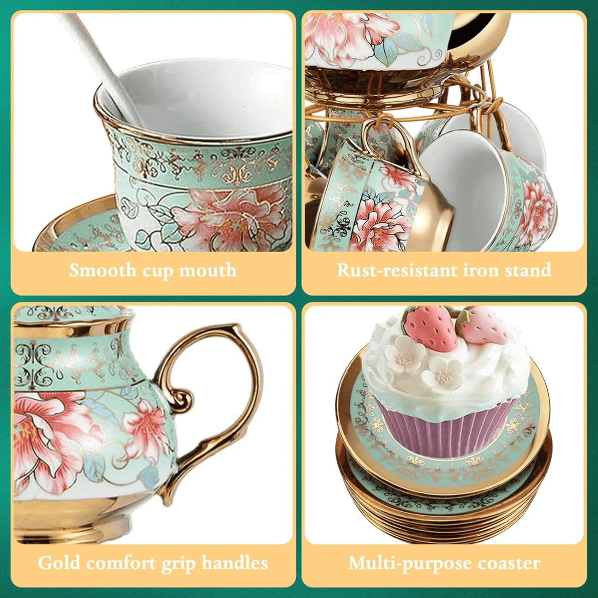 20 Piece Ceramic Tea Set Floral Design – European Afternoon Tea Service with Teapot, Cups, Saucers & Metal Stand – Blooming Style, Gift for Tea Lovers