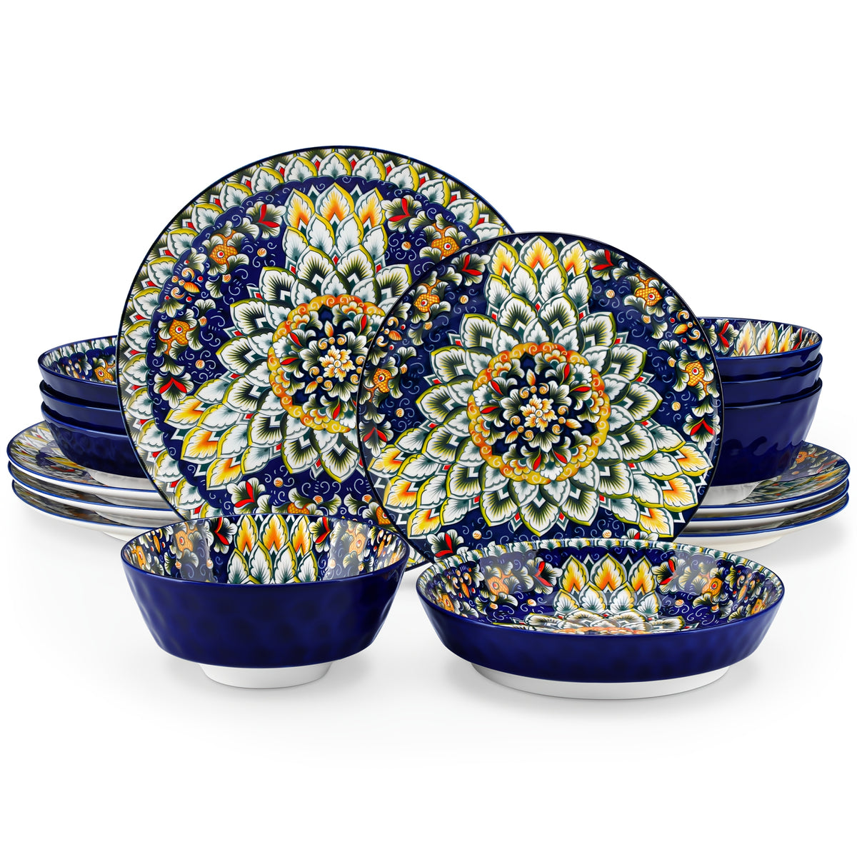 Bohemian Ceramic Dinnerware Set 16 or 24 Piece Stoneware Plates Bowls Tableware Colorful Floral Service for 4 or 6
