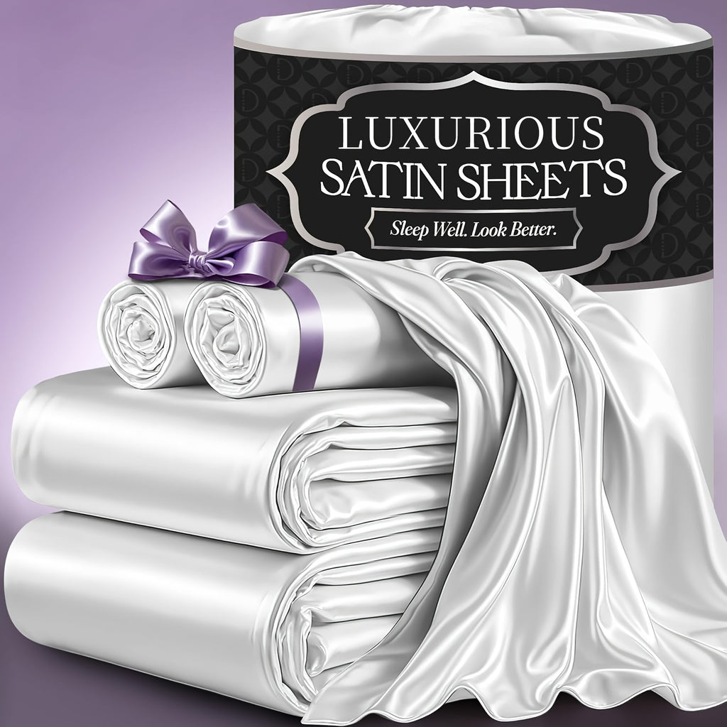 Luxury Satin Fitted Sheet Set with Pillowcases, 3000TC Silky Smooth Cooling Breathable Bed Sheets, Wrinkle-Resistant Machine Washable, Twin Full Queen King for Hot Sleepers, Adults & Kids — White Black Burgundy Gray Blue Purple