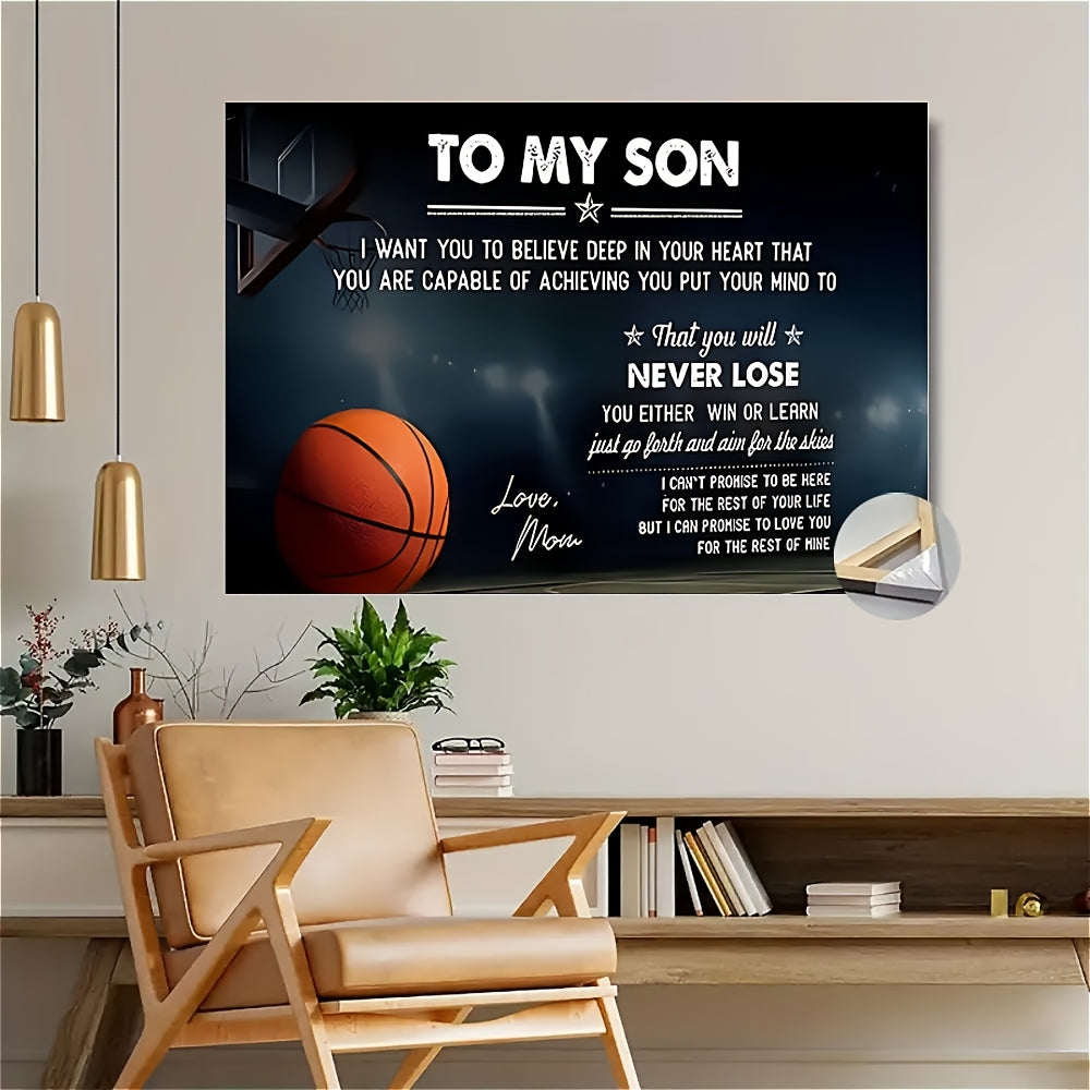 Framed Basketball Poster "To My Son" Motivational Wall Art for Teen Boys & Sports Fans – Wrap-Around Frame Bedroom Living Room Decor, Encouraging Gift for Athletes, Halloween Christmas Birthday