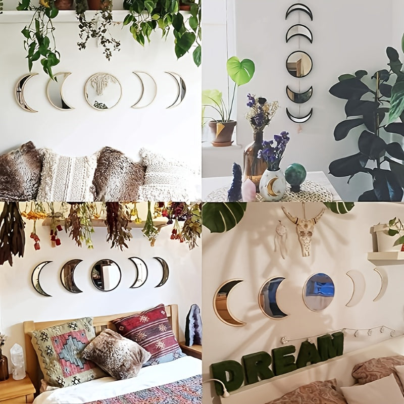 Moon Phase Mirror Set of 5 - Boho Scandinavian Acrylic Wall Mirrors for Living Room, Bedroom and Apartment - Decorative Bohemian Moon Wall Decor for Modern and Minimalist Home