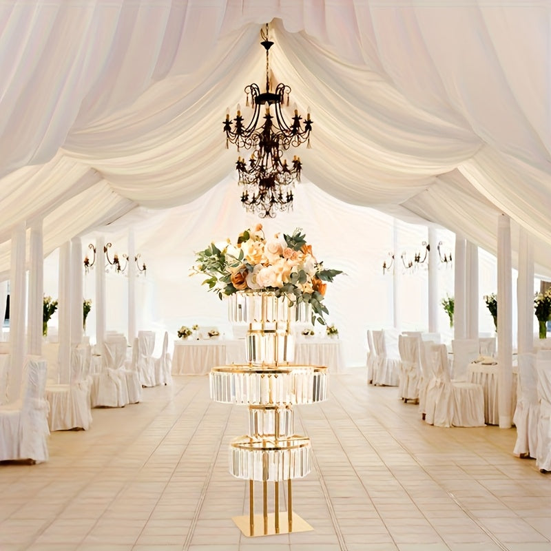Wedding Centerpiece Flower Stand Gold Metal 5 Tier Round Chandelier Pedestal with Hanging Crystals for Wedding Table Decor T Stage Aisle Road Lead Flower Arrangement Christmas Halloween Event Decoration