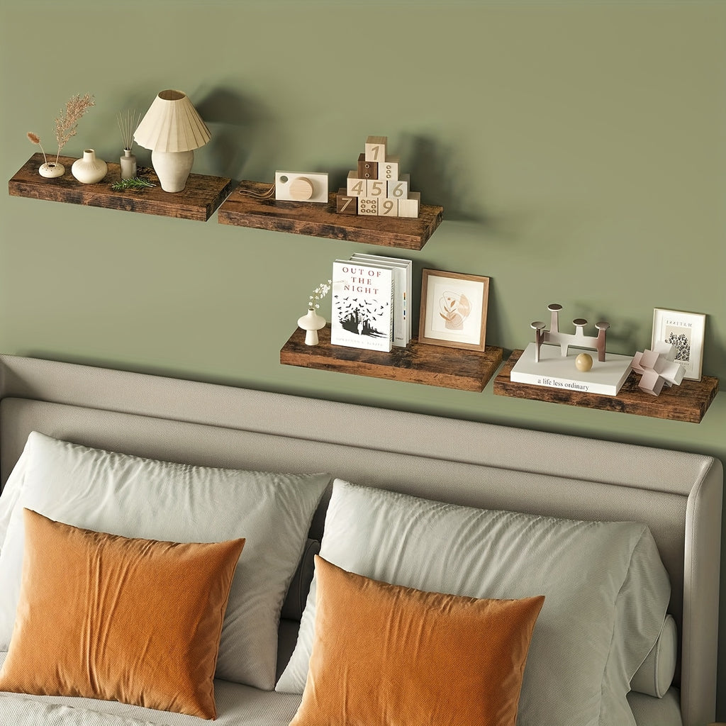 Floating Shelves for Wall 4-Pack 15.8 Inch - Brown Wall Mounted Shelf with Invisible Bracket for Bathroom, Living Room, Bedroom, Kitchen & Office Decor