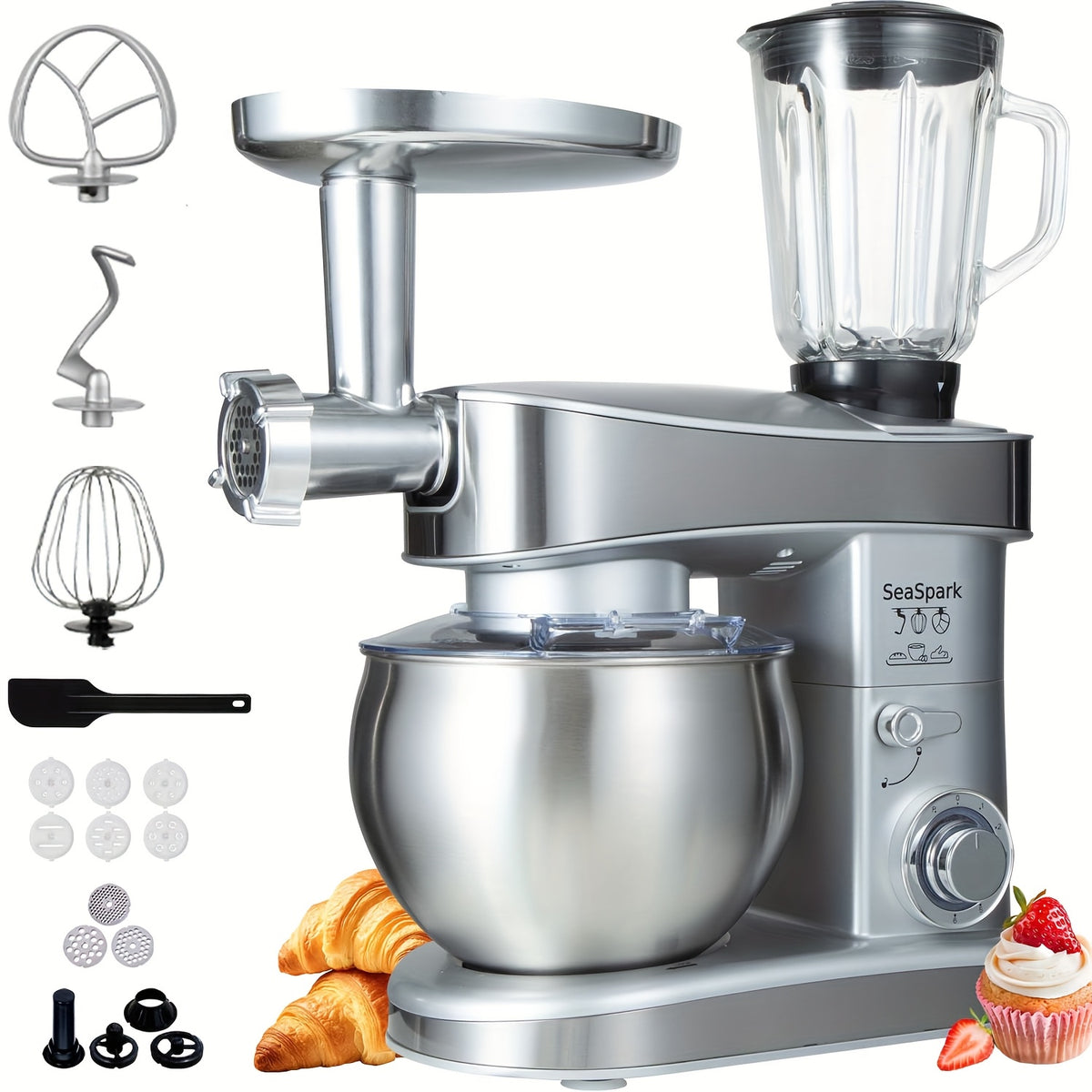 Stand Mixer 6-in-1 with 6.3QT Stainless Steel Bowl, 400W 6-Speed Tilt-Head Kitchen Mixer with Dough Hook, Egg Beater, Whisk, Juicer & Meat Grinder Attachments