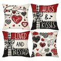 Set of 4 Valentine's Day Throw Pillow Covers – Red & Black Striped Bow | 18x18 inch