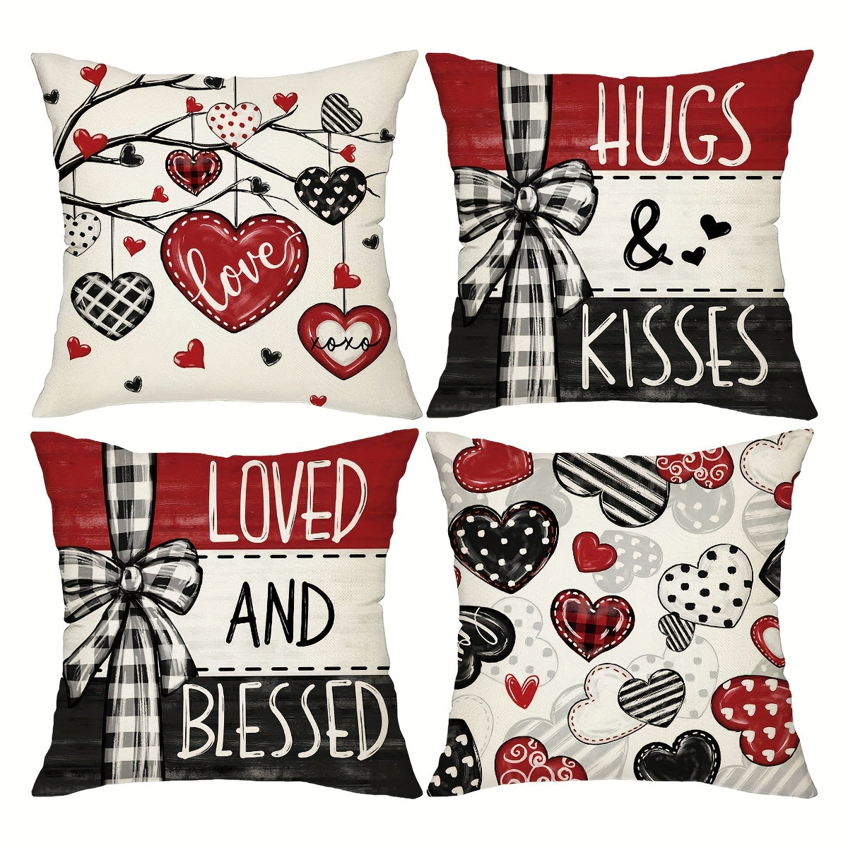 Set of 4 Valentine's Day Throw Pillow Covers – Red & Black Striped Bow | 18x18 inch