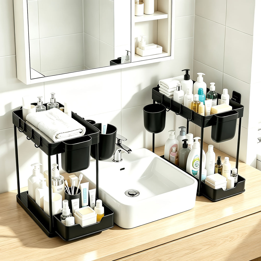 Bathroom Shelves Set of 2 – Punch-Free Retractable 2-Tier Storage Rack with Hooks & Hanging Cups for Bathroom, Kitchen & Laundry