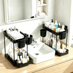 Bathroom Shelves Set of 2 – Punch-Free Retractable 2-Tier Storage Rack with Hooks & Hanging Cups for Bathroom, Kitchen & Laundry