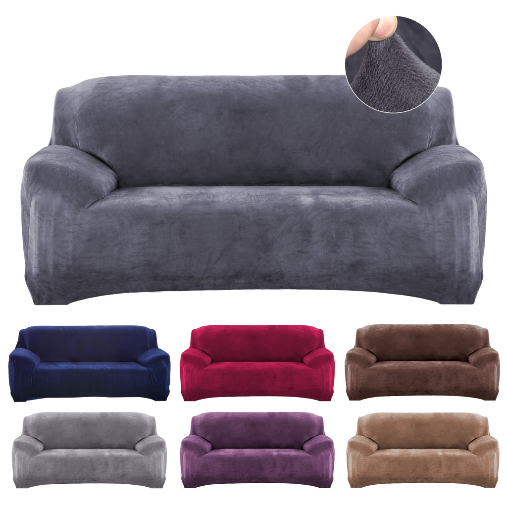 Plush Sofa Slipcover Stretch Thick Couch Cover - Soft Velvet Furniture Protector for Chair Loveseat 3 4 Seater, Anti-Slip Elastic Wrap, Machine Washable, 6 Colors for Living Room