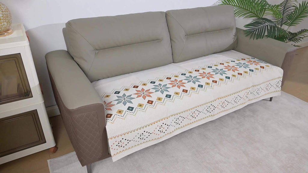 Chenille Sofa Cover Bohemian Geometric Slipcover | Light Breathable Non-Slip Machine Washable Couch Protector for 2/3/4 Seat L-Shape Sectional, Pet & Kid Friendly, White Green