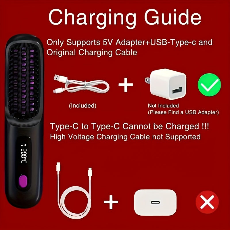 Portable Wireless Hair Straightener Comb USB Rechargeable 3-Speed Temperature Control Negative Ion LED Display Travel Hair Straightener Brush with Comb and Clip