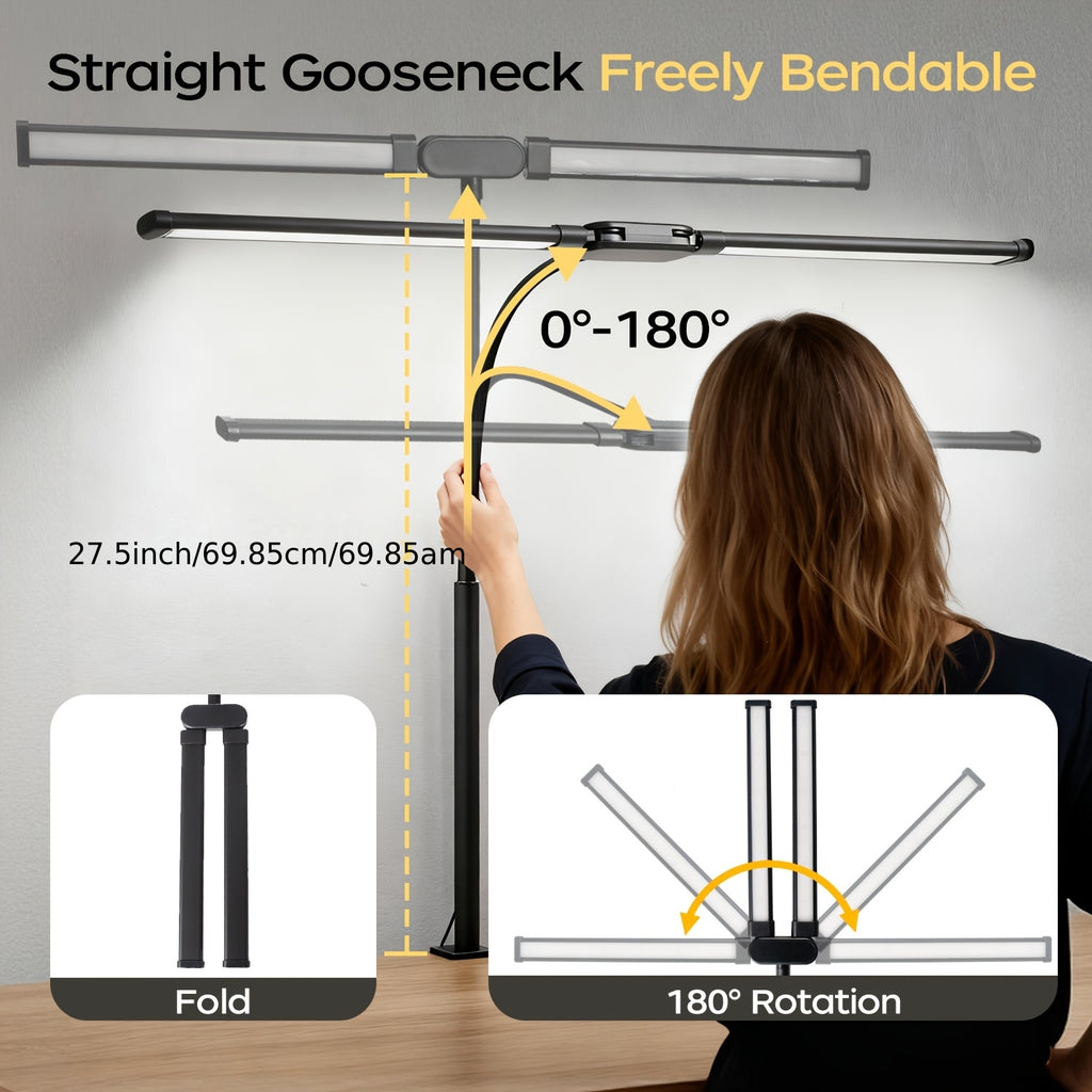 Dual-Head LED Desk Lamp Foldable Gooseneck with Remote – 3 Color Temperatures 10 Brightness Levels USB Powered Eye-Care Office & Bedroom Study Lamp with Clip