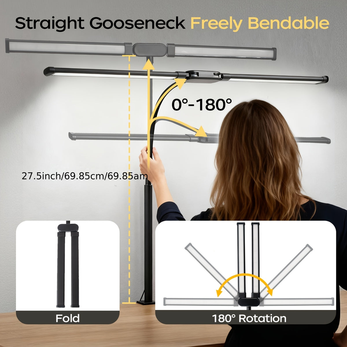 Dual-Head LED Desk Lamp Foldable Gooseneck with Remote – 3 Color Temperatures 10 Brightness Levels USB Powered Eye-Care Office & Bedroom Study Lamp with Clip