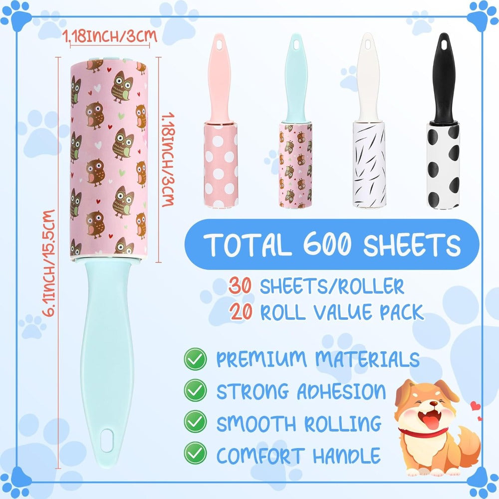 Lint Roller Travel Size 20 Pack Mini Bulk Set Extra Sticky Pet Hair Remover Rollers for Clothes Fabric Car Interior Office – 600 Sheets Total