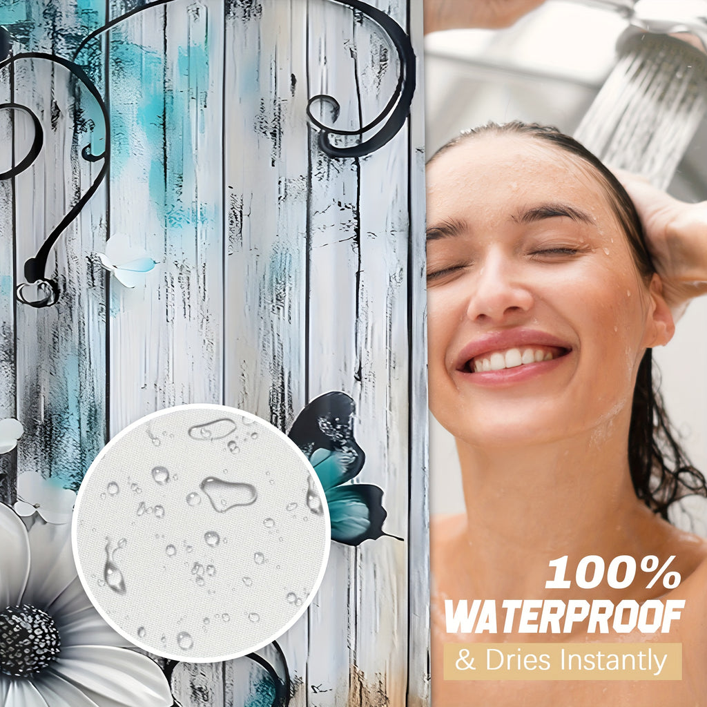 4pcs Floral Butterfly Shower Curtain Set Teal White with 12 Hooks Bath Rug - 2D Print Bathroom Decor Gift for Women Men Home Decoration | Nuvia Haven