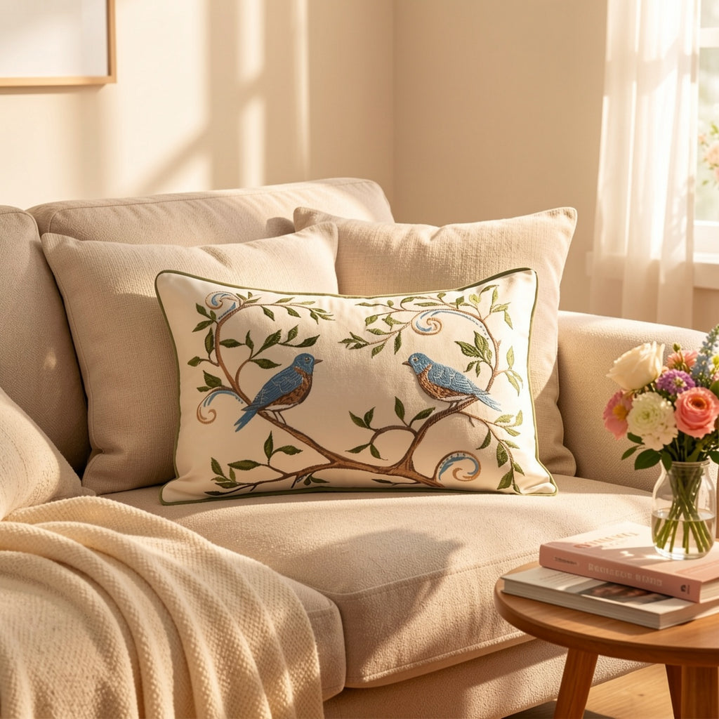 3D Embroidered Floral Bird Pillowcase – Colorful Spring Summer Decorative Cushion Cover for Sofa, Bedroom & Living Room, 2 Size Options, 1pc