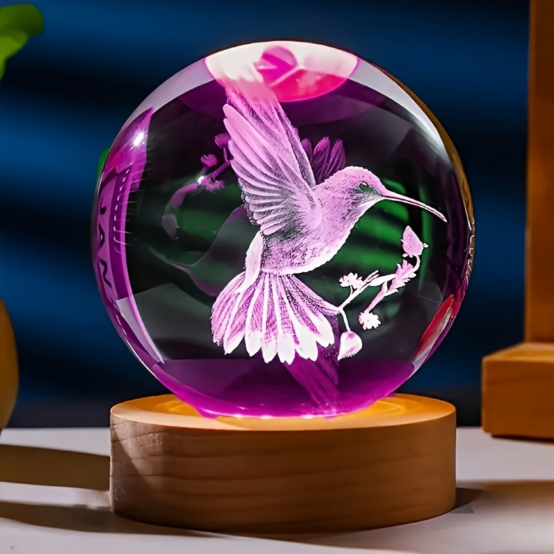 3D Hummingbird Crystal Ball Night Light Colorful LED Wooden Base Laser Engraved Hummingbird Statue Home Office Decor Holiday Gift for Teens Friends