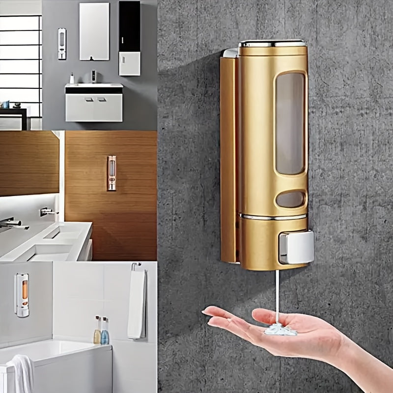 Wall-Mounted Soap Dispenser, 13.53oz Large Capacity Manual Press – No-Drill Adhesive Mount, for Shampoo, Shower Gel & Liquid Cosmetics, Black / White / Gold