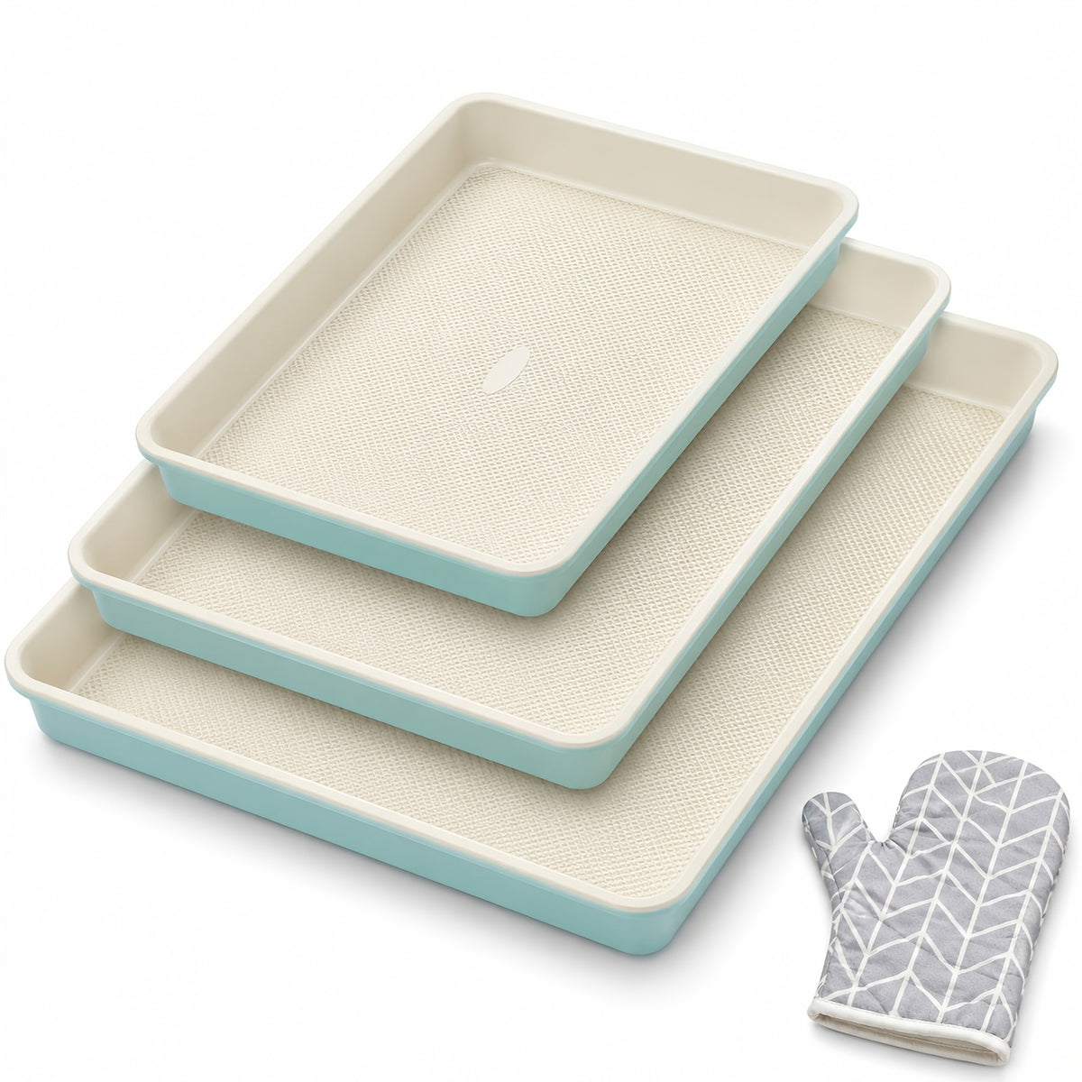 Baking Sheet Pan Set of 3 Heavy Duty Cookie Sheets - Diamond Texture Commercial Grade Steel 13/15/18 Inch, 0.8mm Thick Oven Pans for Baking Cookies, Roasting, Sheet Cake, with Oven Gloves Option
