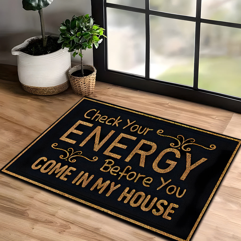 Anti-Slip Doormat Check Energy Before Entry Black Gold Lettering 7mm Thick Indoor Mat for Living Room Kitchen Bathroom Entryway 17x47in