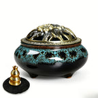 Ceramic Incense Holder Set 4pcs Large Kiln-Fired with Vintage Brass Lid & Fireproof Mat – Stick, Cone & Coil Incense Burner for Home Meditation, Zen Decor & Aromatherapy