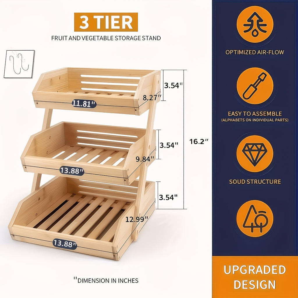 Bamboo Fruit Basket Stand 2 3 Tier Kitchen Countertop Organizer Produce Vegetable Bread Storage with Banana Hook Non-Slip Pads Easy Assembly
