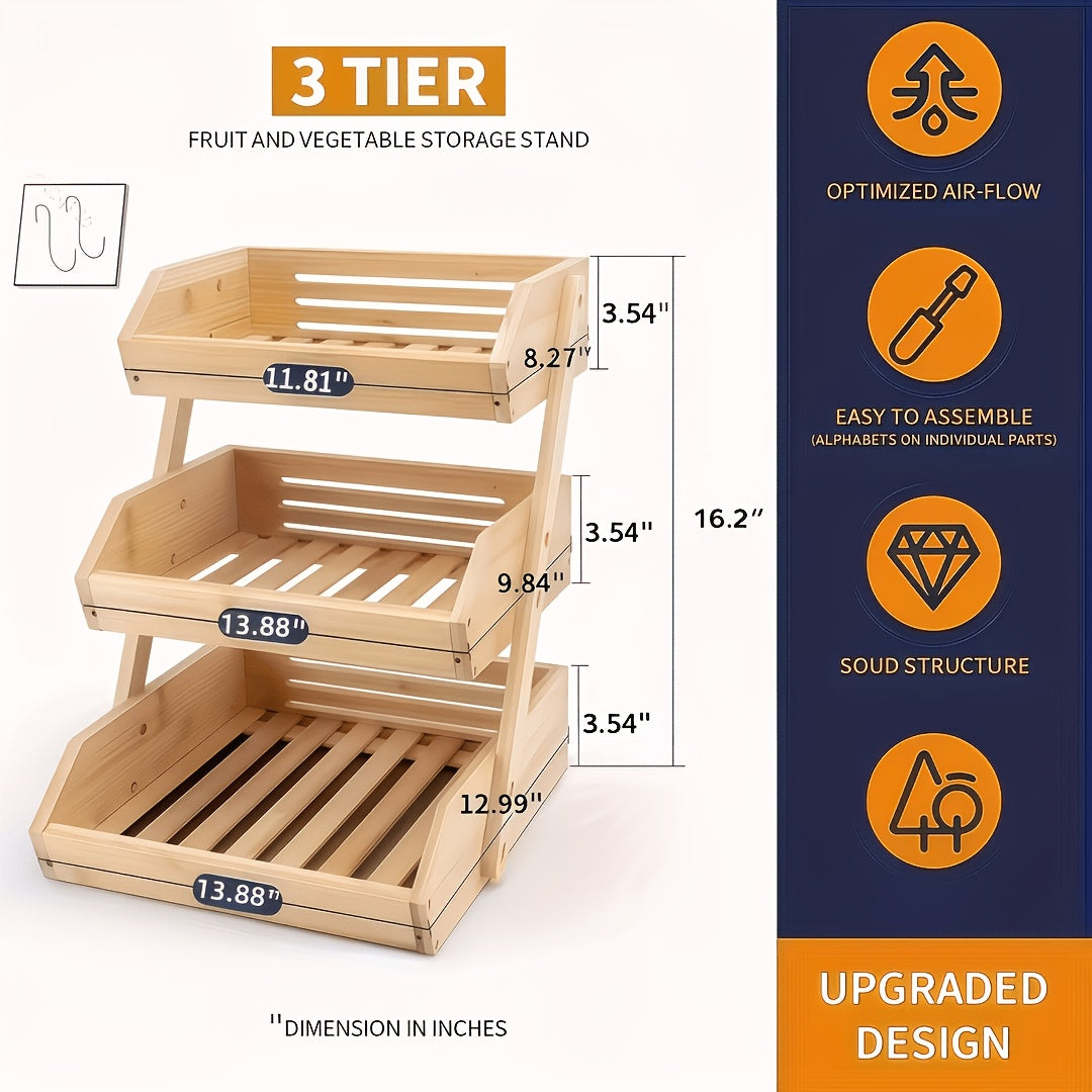 Bamboo Fruit Basket Stand 2 3 Tier Kitchen Countertop Organizer Produce Vegetable Bread Storage with Banana Hook Non-Slip Pads Easy Assembly