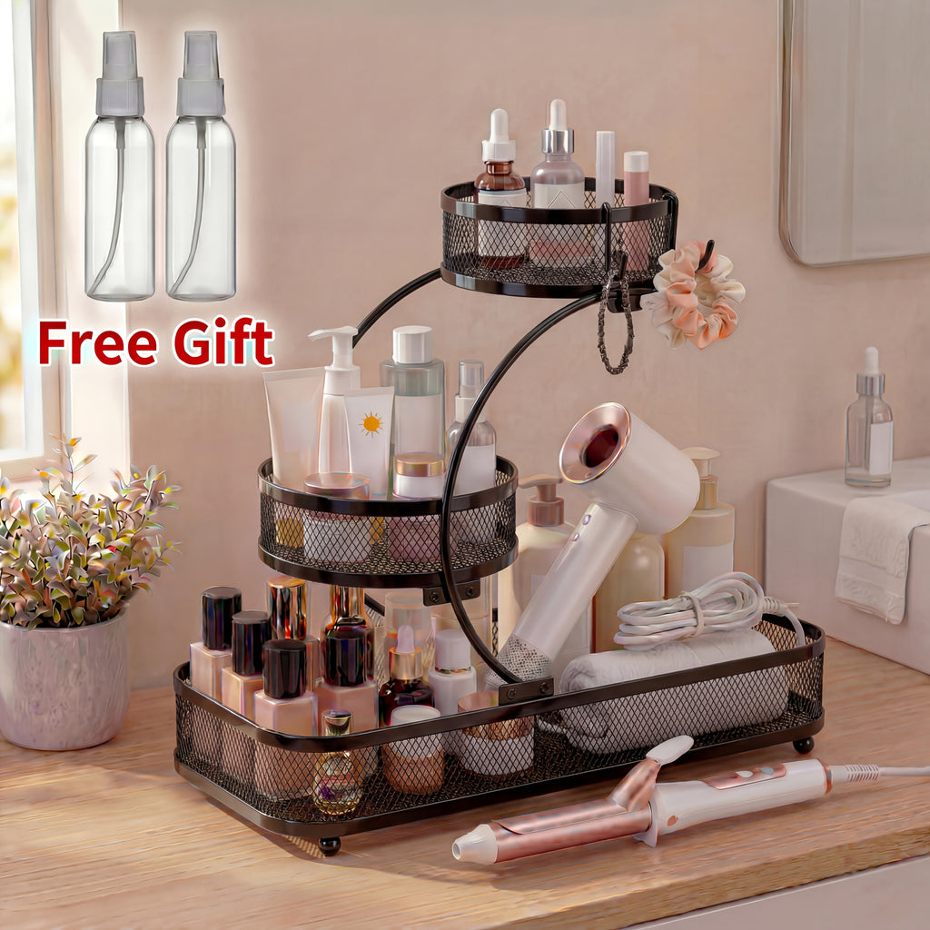 3-Tier Metal Mesh Countertop Storage Rack with Hooks, Space-Saving Organizer for Bathroom & Kitchen – Heavy-Duty Cosmetic, Perfume & Toiletry Display Stand, Black or White, Mini Available
