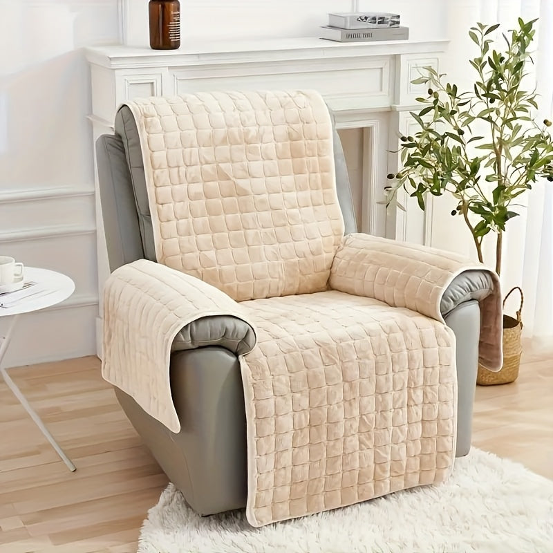 Velvet Lounge Chair Cover with Pocket Anti Slip Elastic Slipcover - Soft Plush Sofa Protection Cover for Living Room Office Home Decor, Brown Grey 53x75in