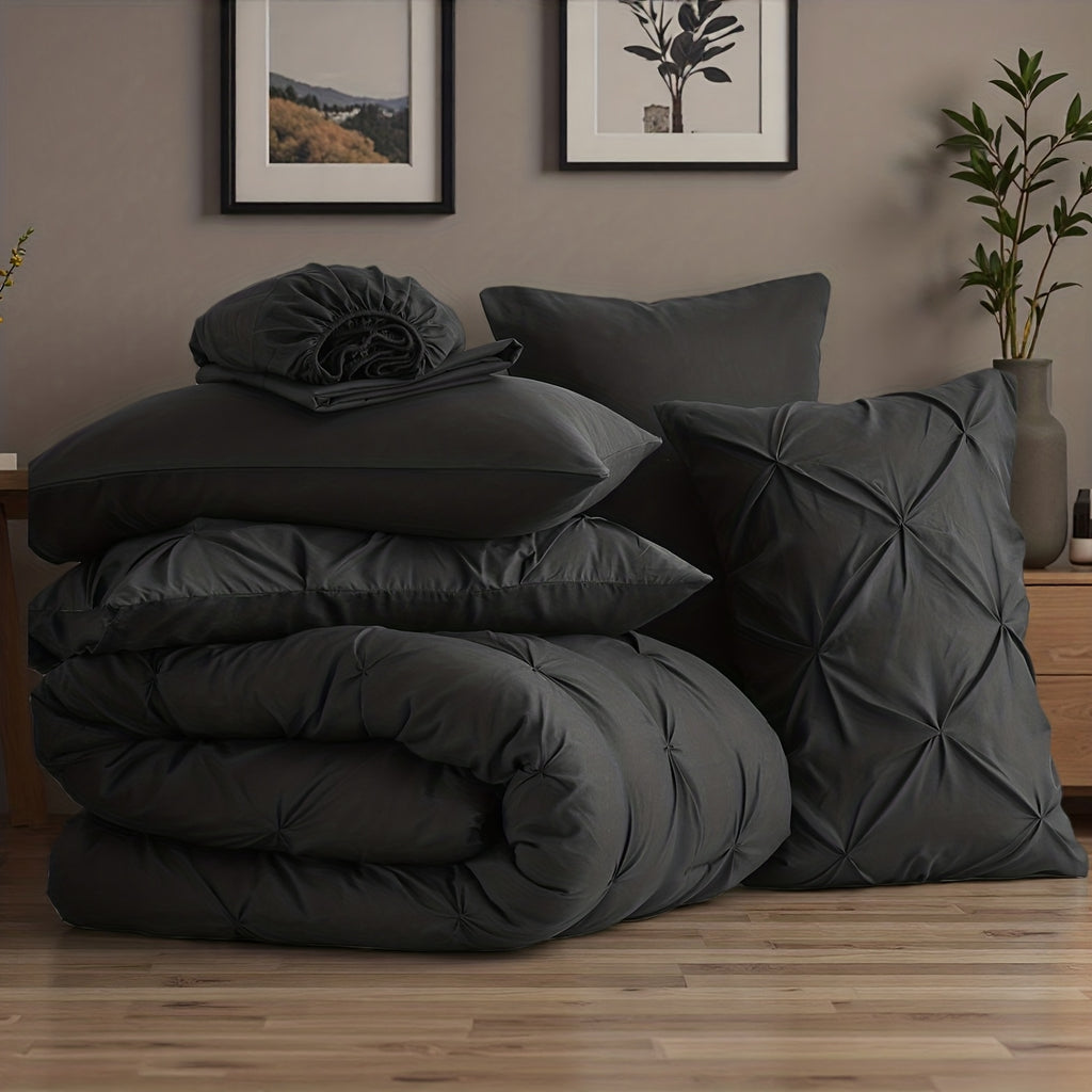 Luxury Pleated Comforter Set 5/7 Pcs – Soft Plush Fiber Fill, Quilted Comforter, Fitted Sheet, Flat Sheet, Pillowcases & Shams, Twin Full Queen King Year-Round Bedding