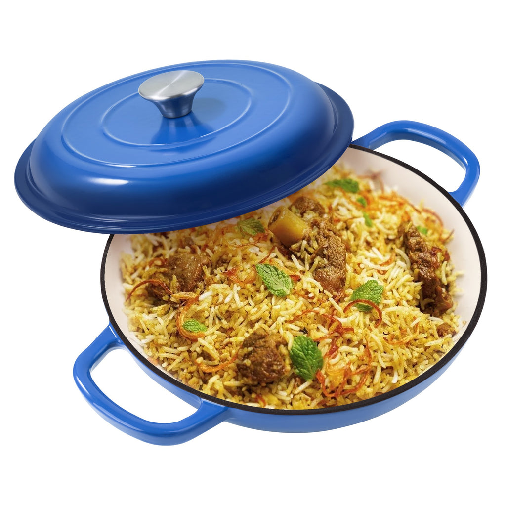 Enamel Cast Iron Dutch Oven 3QT with Lid – Shallow Wide Bottom, Double Handle, 4 Colors (Red, Blue, Green, Orange) | All Stove Types Compatible – Perfect for Cooking, Stewing & Braising