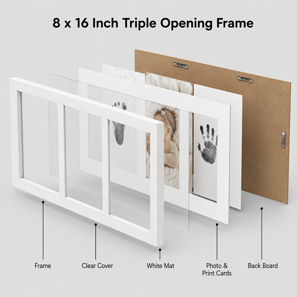 Triptych Photo Frame 8x16 Inch – Horizontal 3-Panel Picture Frame with Text & Footprint/Handprint Panel, Desktop or Wall Display, Black & White Wood Grain, Heartfelt Gift for Moms