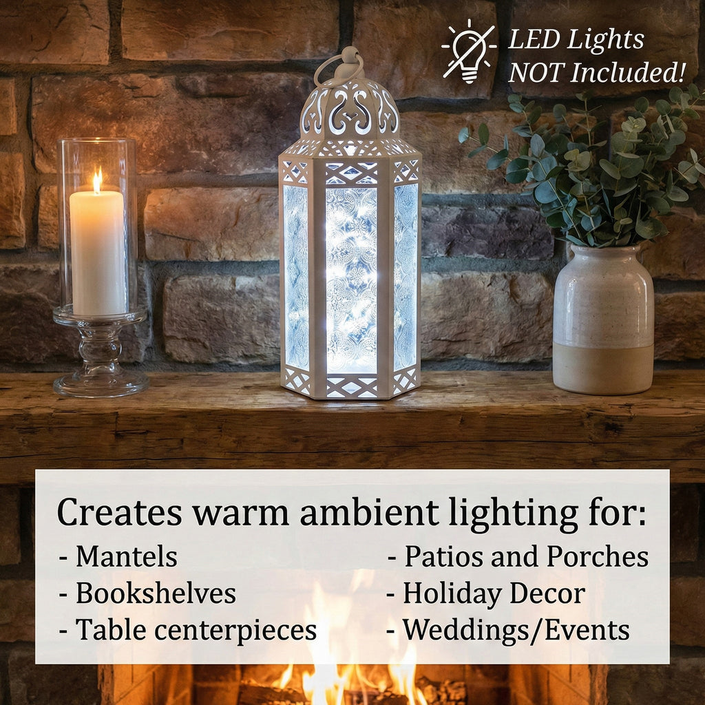 Moroccan Candle Lantern Holder Medium 10.5 Inch – Handcrafted Glass Iron Metal Lantern with Embossed Floral Panels, 17 Colors, Indoor Outdoor Use for Ramadan, Wedding, Patio, Diwali & Home Decor