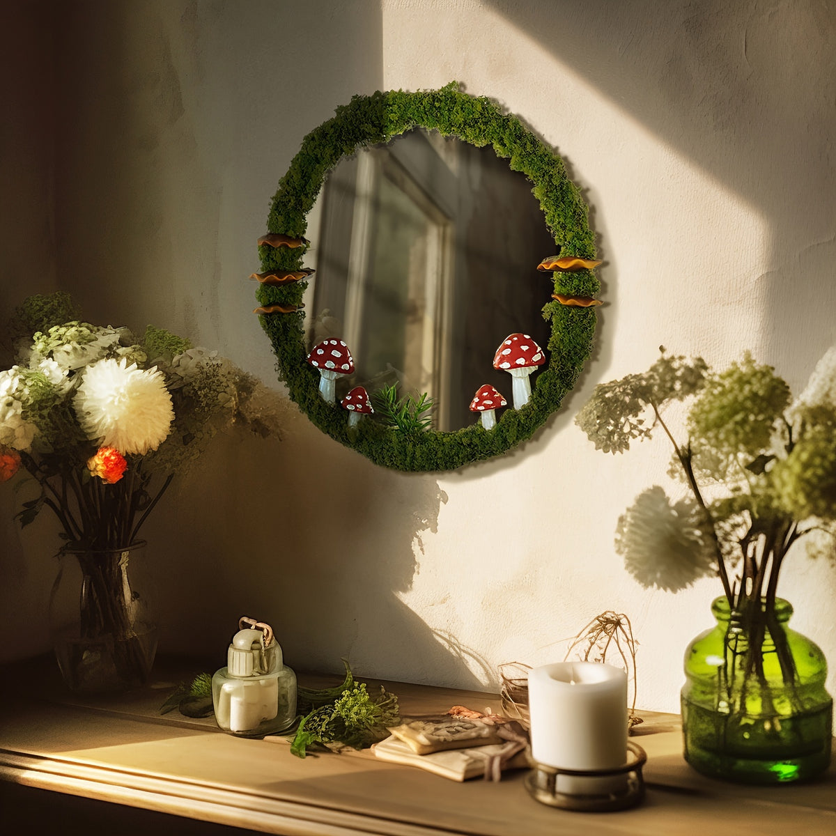 Mushroom Shaped Decorative Wall Mirror 11 Inch Handcrafted – Cottagecore Fairycore Room Decor, Moss & Mushroom Aesthetic