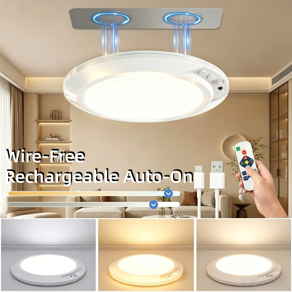 Rechargeable LED Ceiling Lamp with Motion Sensor – 3 Color Modes, 10 Brightness Levels, Remote Control & Timer – Battery-Powered Semi Flush Mount for Living Room, Kitchen & Bathroom