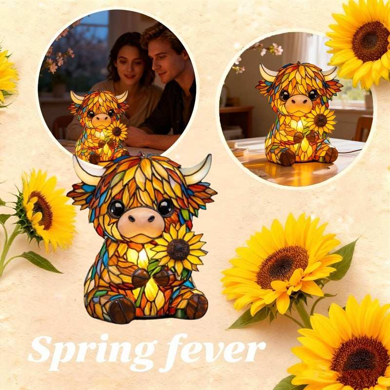 Sunflower Highland Cow Table Lamp – Warm-Toned Whimsical Light-Up Cow Statue Bedside Lamp & Tabletop Decoration, Perfect Gift for Animal Lovers & Home Decor